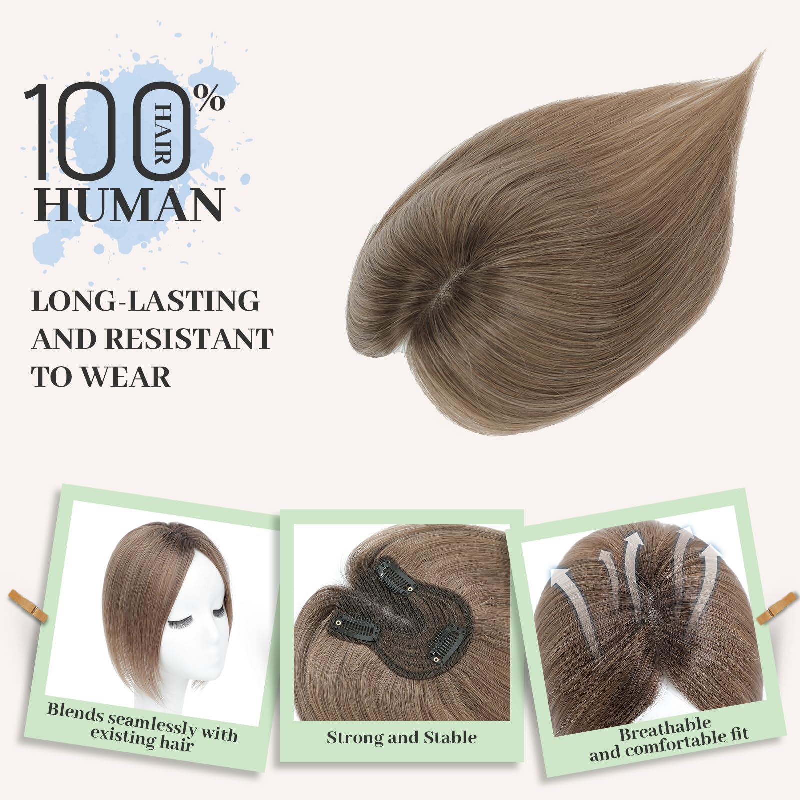 Real Human Hair Toppers,10 Inch Human Hair Toppers for Thinning Hair 360°Coverage Natural Hairpiece Wiglet for Women Daily 7x10CM Swiss Base(4TM610#) - Image 2