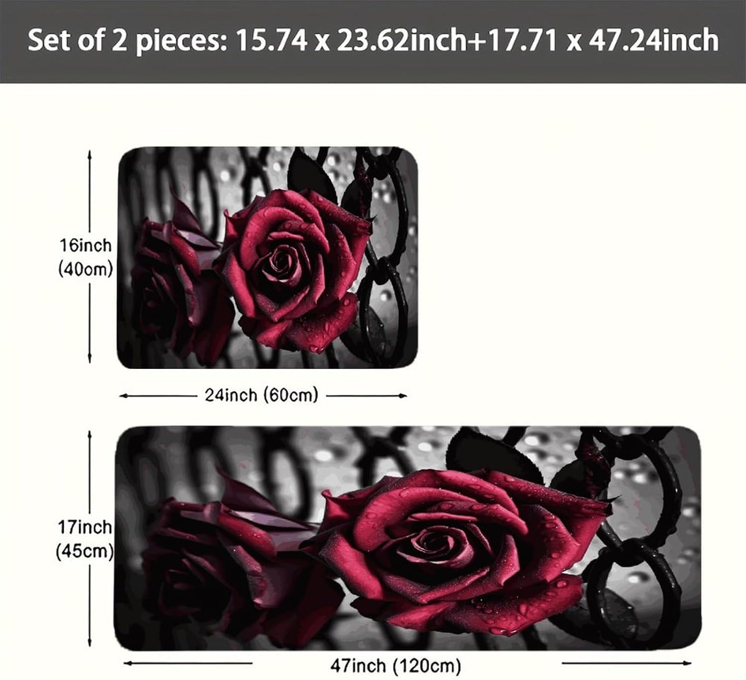 Gothic Roses Kitchen Mats with 2PCS Non-Slip Washable,Kitchen Rug Heavy Duty Durable, Floor Mats for Kitchen,Office,Sink,Laundry