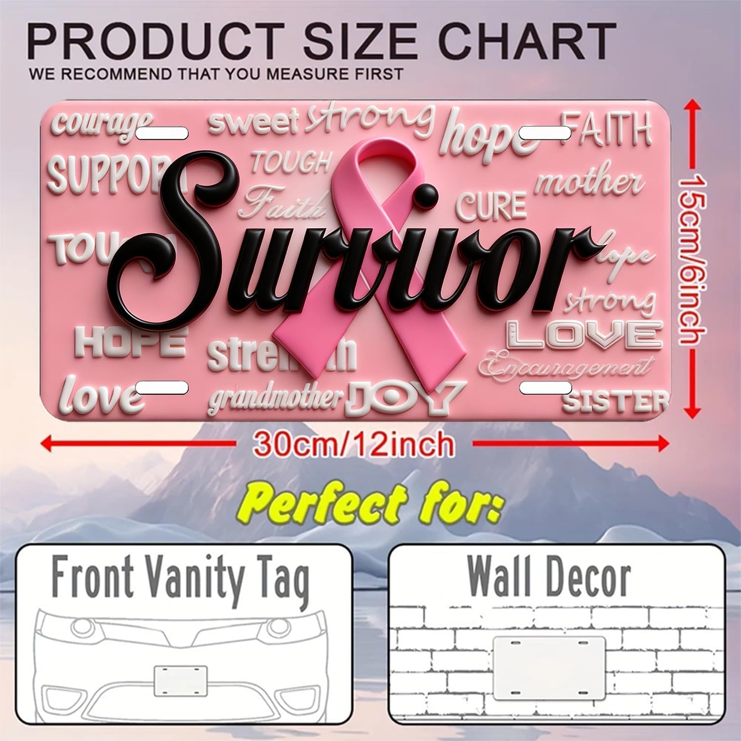 Pink Ribbon Survivor Metal License Plate - Breast Cancer Awareness Decorative Car Tag - Hope & Support Novelty License Plate for Auto, Wall Decor, 6x12 Inch (4 Holes)