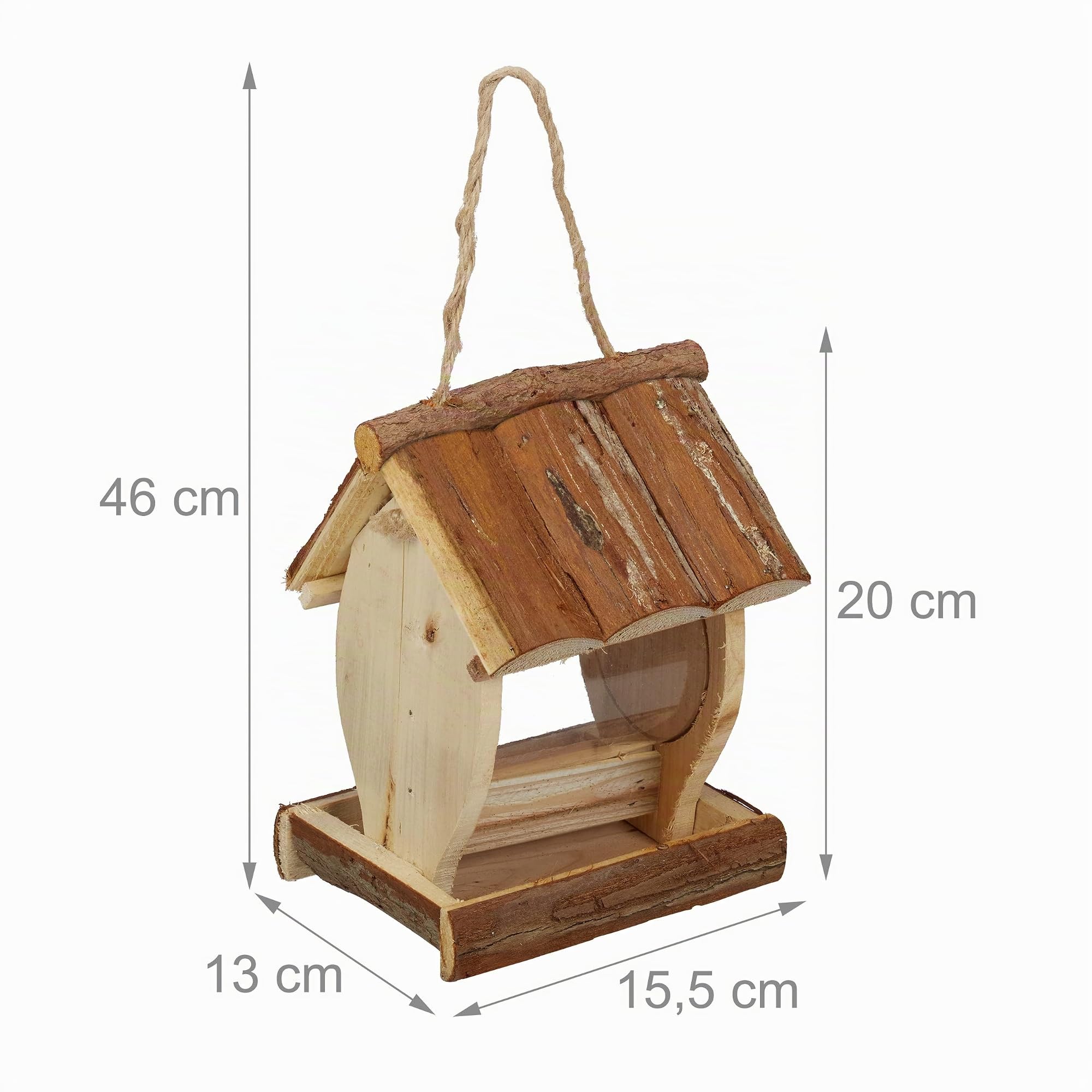 Relaxdays Mangeoire à Oiseaux, en Bois, à Suspendre, avec écorce et réservoir, H x L x P : 20 x 15,5 x 13 cm, Nature