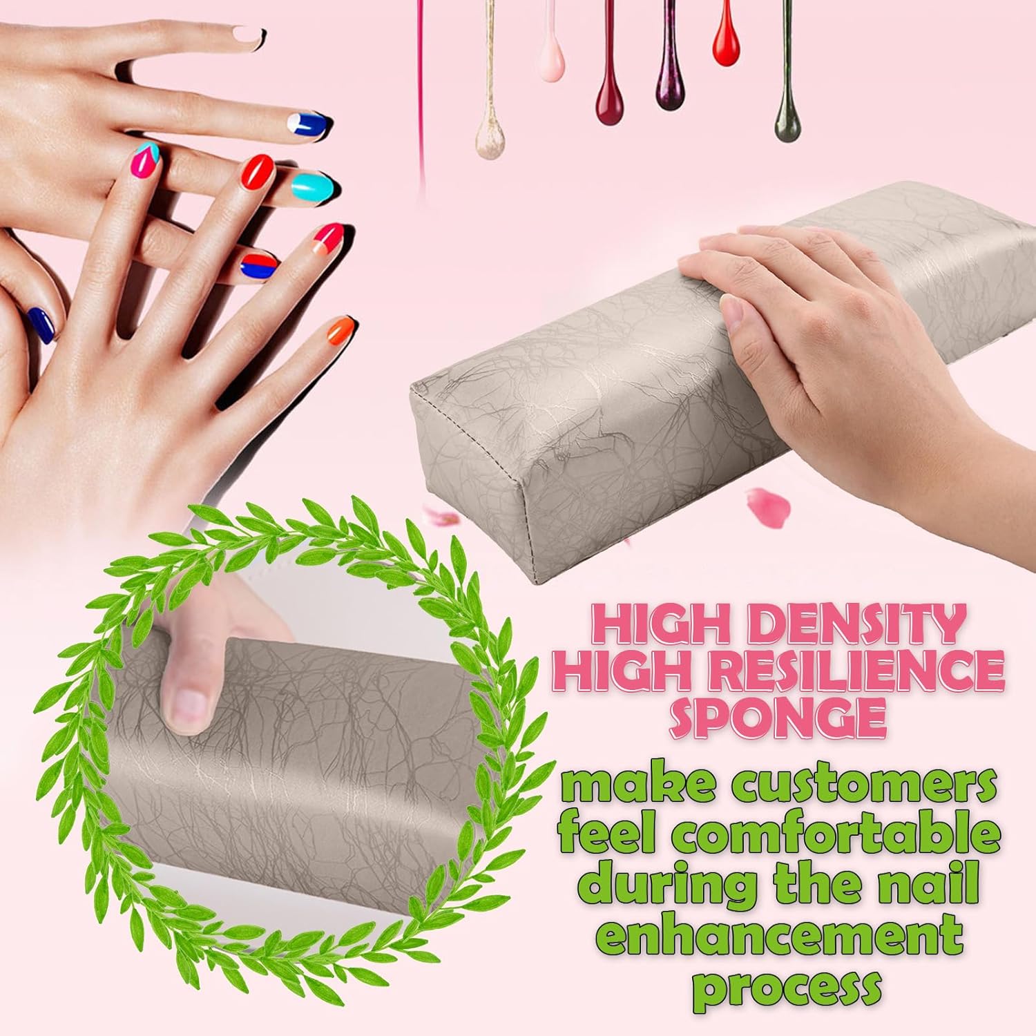 Nail Arm Rest Hand Cushion, Stripe Leather Nail Pillow Hand Rest Cushion Soft Sponge Manicure Hand Rest Pillow Salon Armrest Cushion Manicure Nail Art Accessories Tool (Silver)