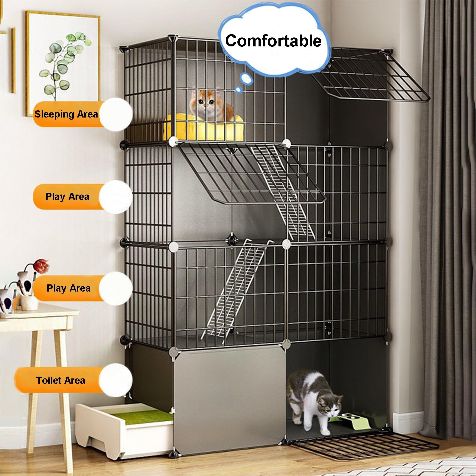 Gabbia per Gatti, Grandi Gabbie per Gatti da Interno Fai-da-Te - Recinto per Animali Domestici smontabile, condominio per Gatti con lettiera e Piattaforme, Cuccia in Metallo per Gatti da INT