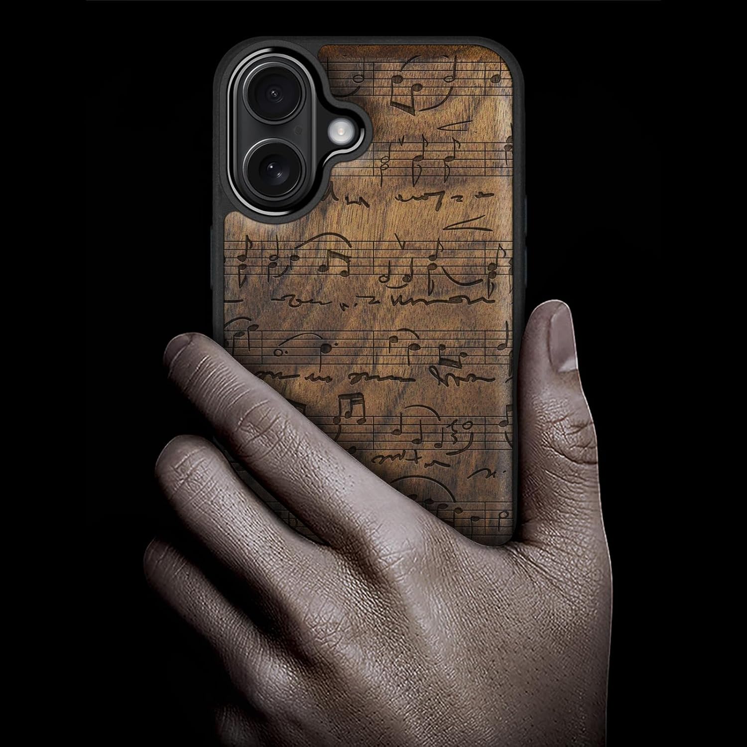 Carveit Magnetic Wooden Case for iPhone 17 Case, Wood Artisan Engraved & Black Soft TPU Shockproof Cover, Compatible with MagSafe Wireless Chargers (Sheet Music) Walnut