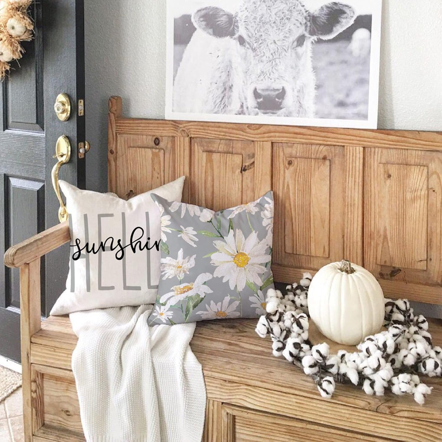 BAOKU Cushion Covers 45x45 cm Pillow Covers Spring Decorative Home Decor for Bed Couch Sofa Bedroom Office Pack of 4 Grey White flowers Pattern Linen Pillowcase - Image 3