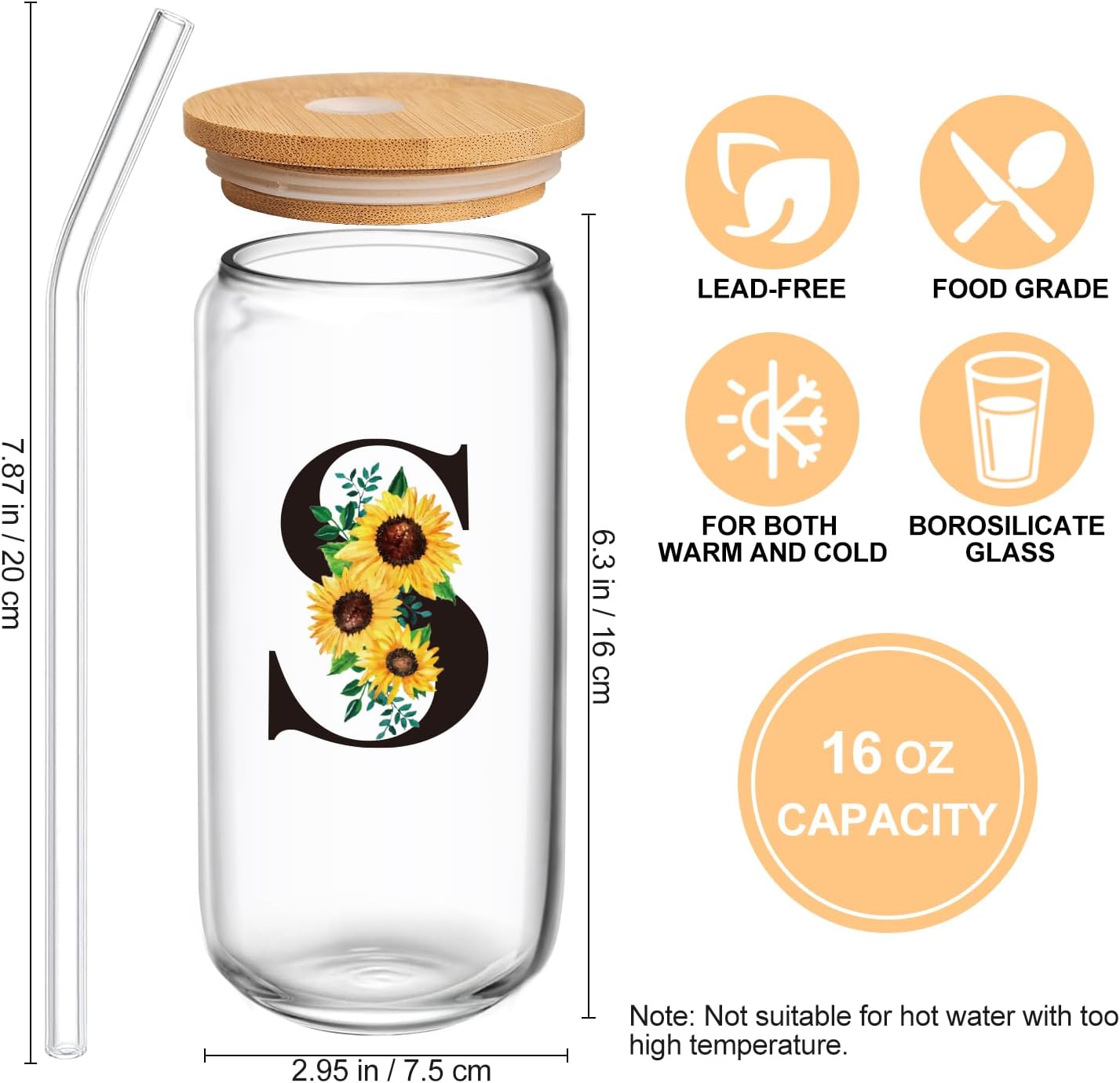 Birthday Gifts for Women, Initial Glass Cups w Lids and Straws, Sunflower Gift for Women, Personalized Gift, 16oz Glass Tumbler Cups W/Straw Lid, Monogrammed Birthday Gifts for Her Mom - S - Image 2