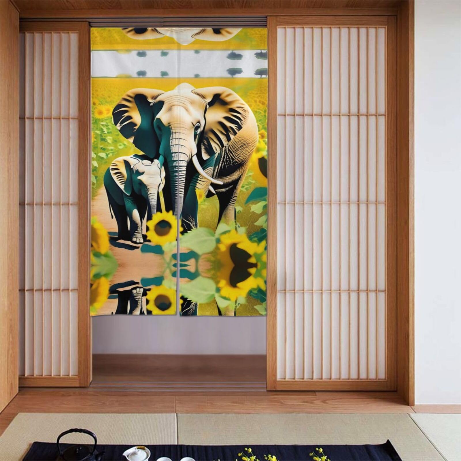 BROLEO decorate Door Curtain Set of 2 Curtains Panels/Room Darkening Blackout Curtains for Bedroom 56x34 In mother and baby elephant sunflowers Picture