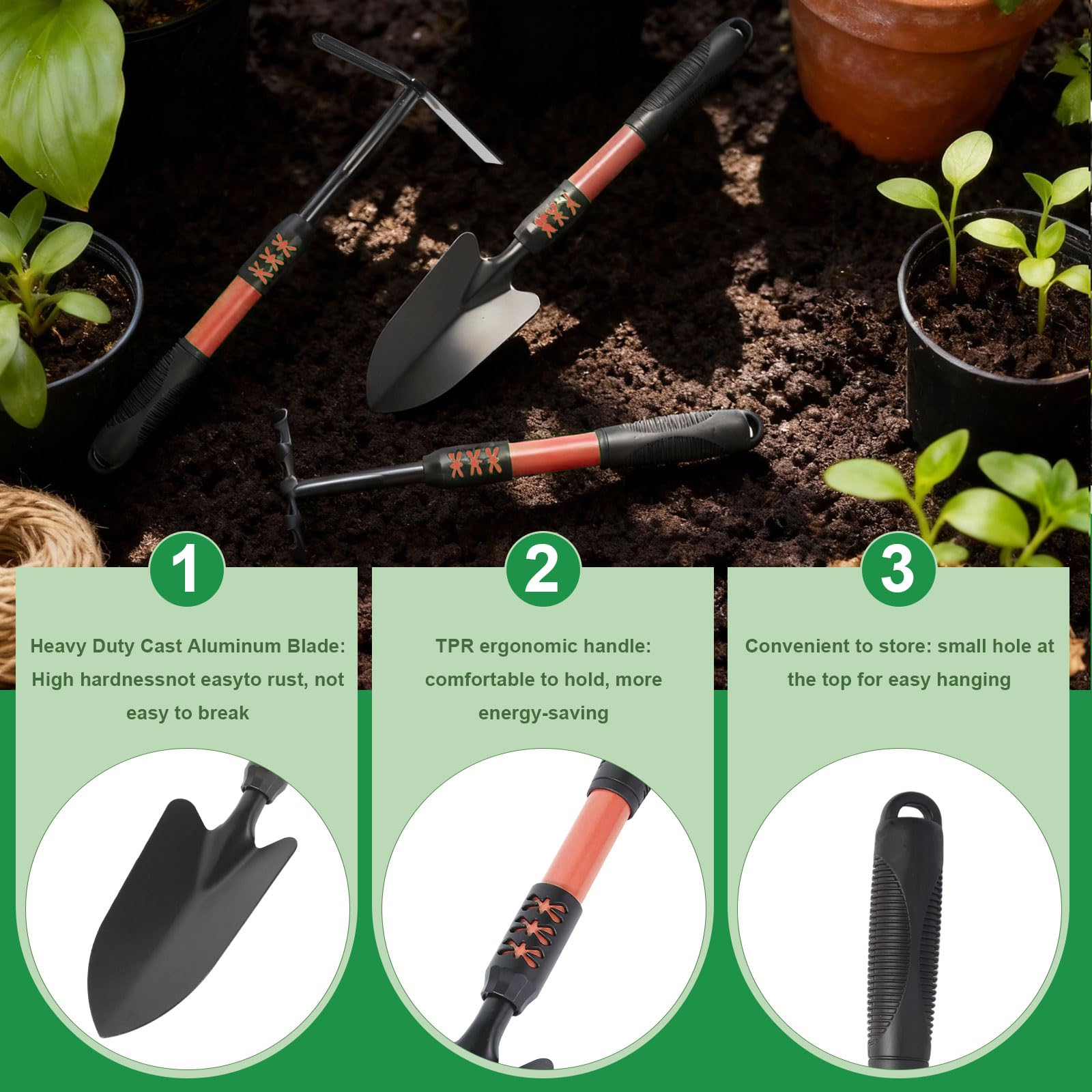 Juego de herramientas de jardín, paquete de 5 herramientas de jardinería, cultivador de mano resistente de acero inoxidable, azadas, pala, para plantar, excavar, regalos de jardinería para mujeres