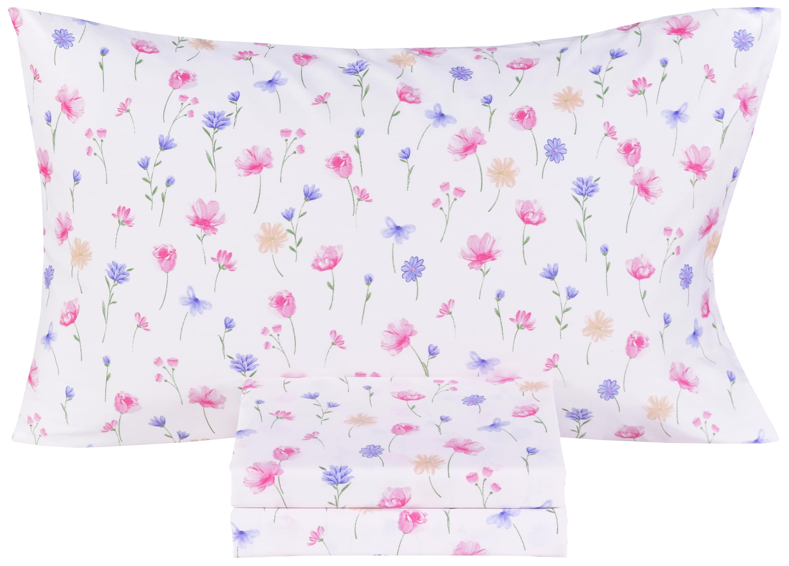 Scientific Sleep Flowers Dancing in The Wind Pink Boys Girls 100% Cotton 3 Pcs Twin Bed Sheet Set Kids Toddler Teen, Flat Sheet &amp; Fitted Sheet &amp; Pillowcase Kids Bedding Set (Flowers, Twin)