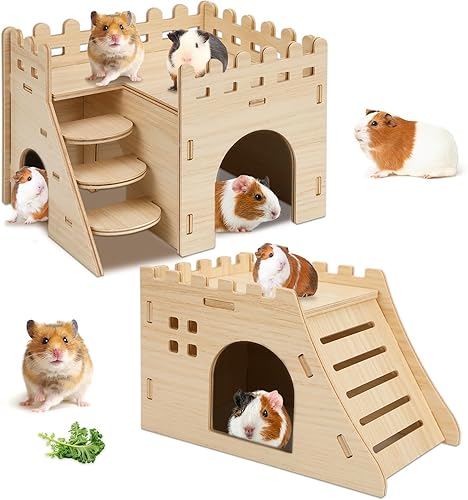 2 Pack Hamster Houses and Hideouts, Easy to Assemble Wooden Hamster Castle Small Animal House Bed with Stairs