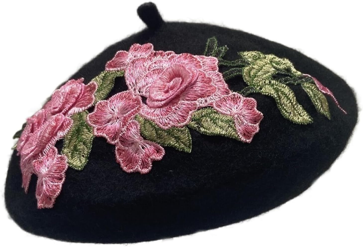 Women Classic French Beret Lady Vintage Rose Embroidery Floral Wool Winter Hat Beanie Cap