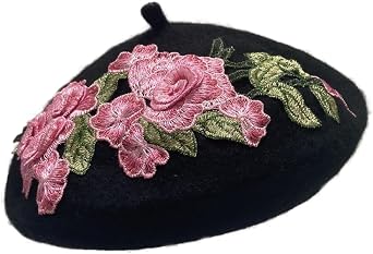 Women Classic French Beret Lady Vintage Rose Embroidery Floral Wool Winter Hat Beanie Cap