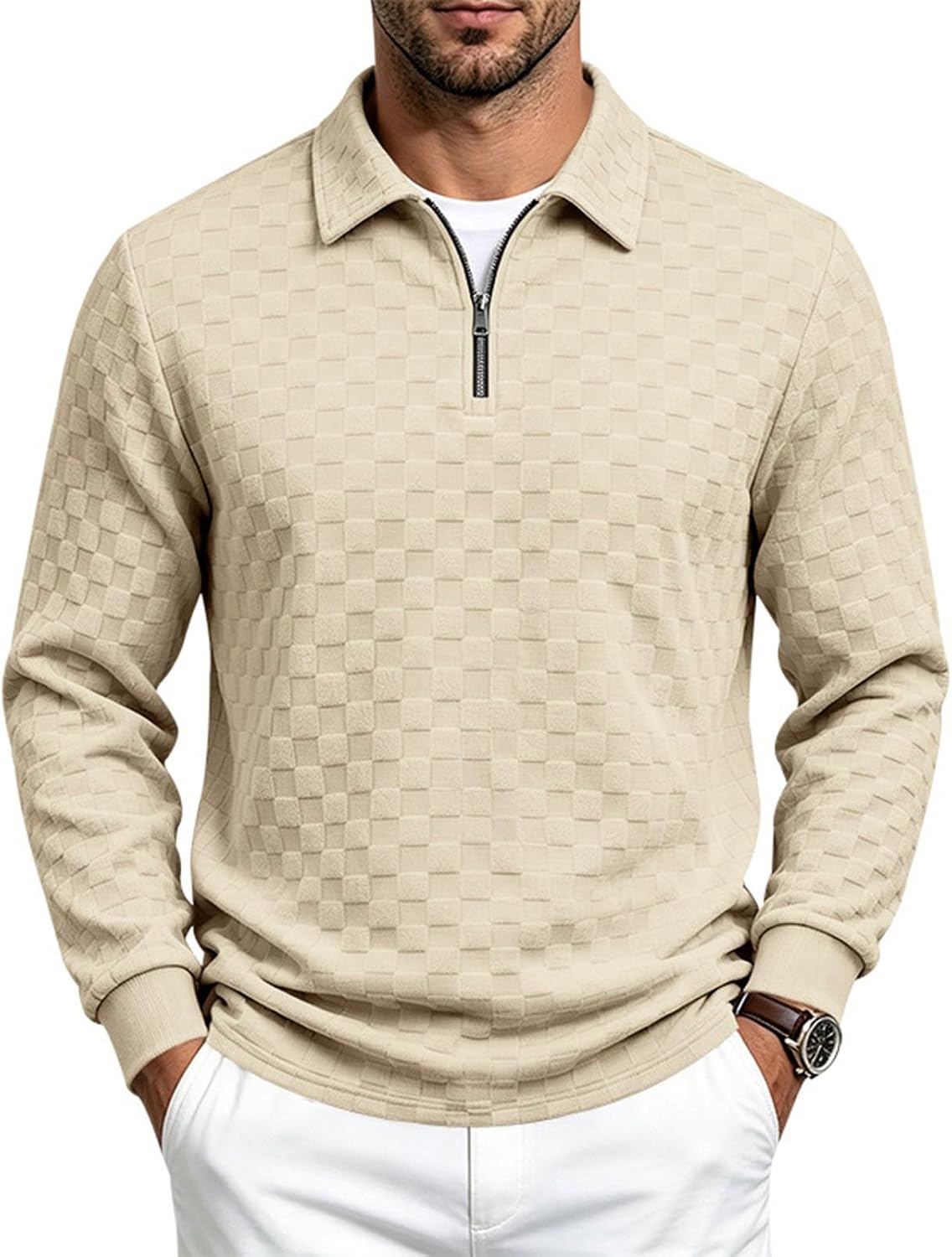 Men's Classic Checkered Shirt Zip Collar Long Sleeve Knit Pullover