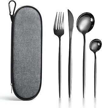 Travel Cutlery Set with Case, 4-Piece Reusable Stainless Steel Flatware Set Including Fork, Knife, Spoon, Portable Camping Cutlery Ideal for School, Work, Picnic, Travel & Lunchbox Black