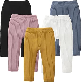 DREAM BUS 5 Pack Toddler Girl Leggings Ribbed Cotton Stretch Pants | Comfortable, Soft, and Stretchy; Spring Fall Basic Playwear; Wide Waistband