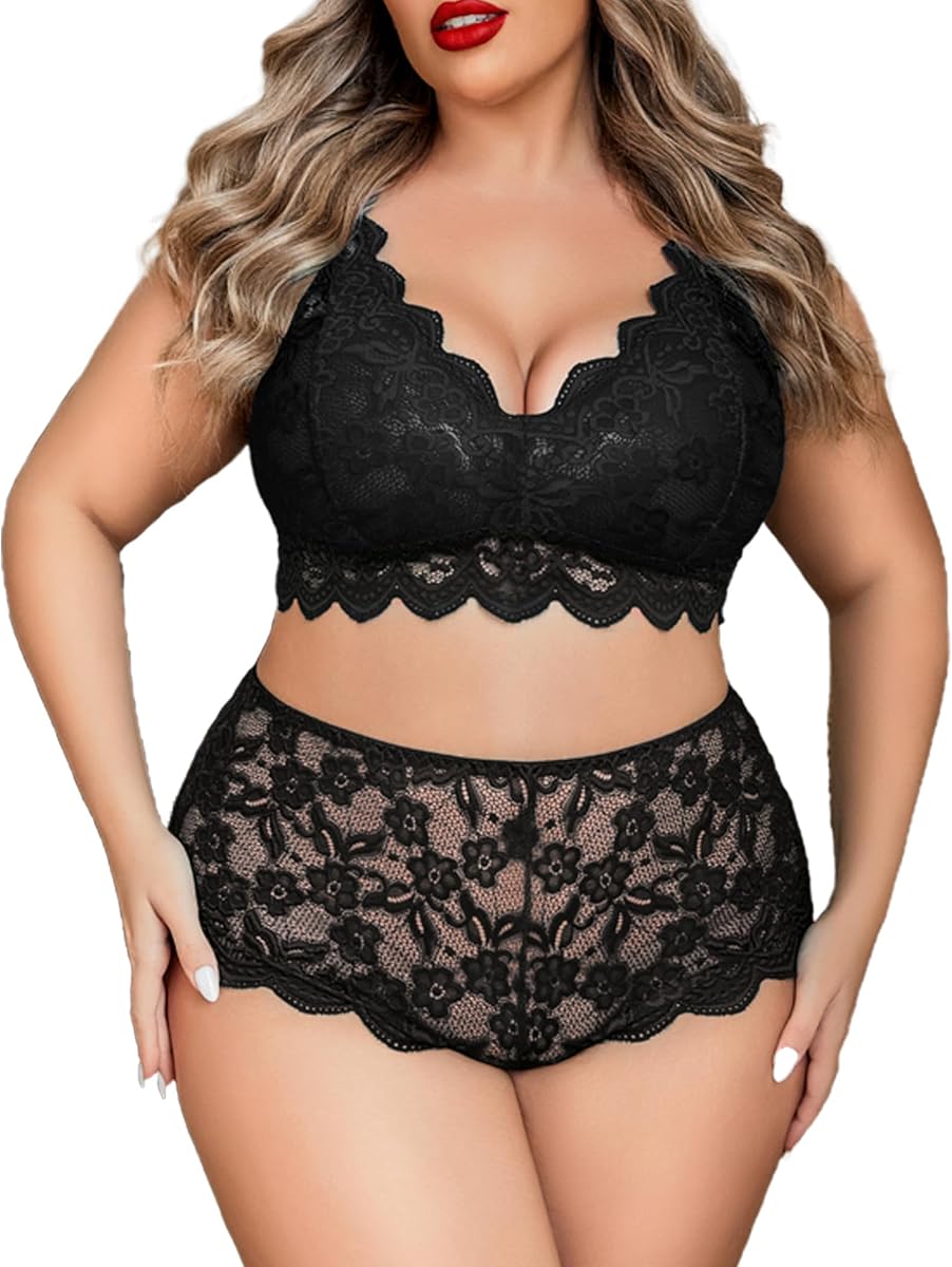 Plus Size Lingerie Set for Women Sexy Lace Halter Bralette High Waist Panty Set