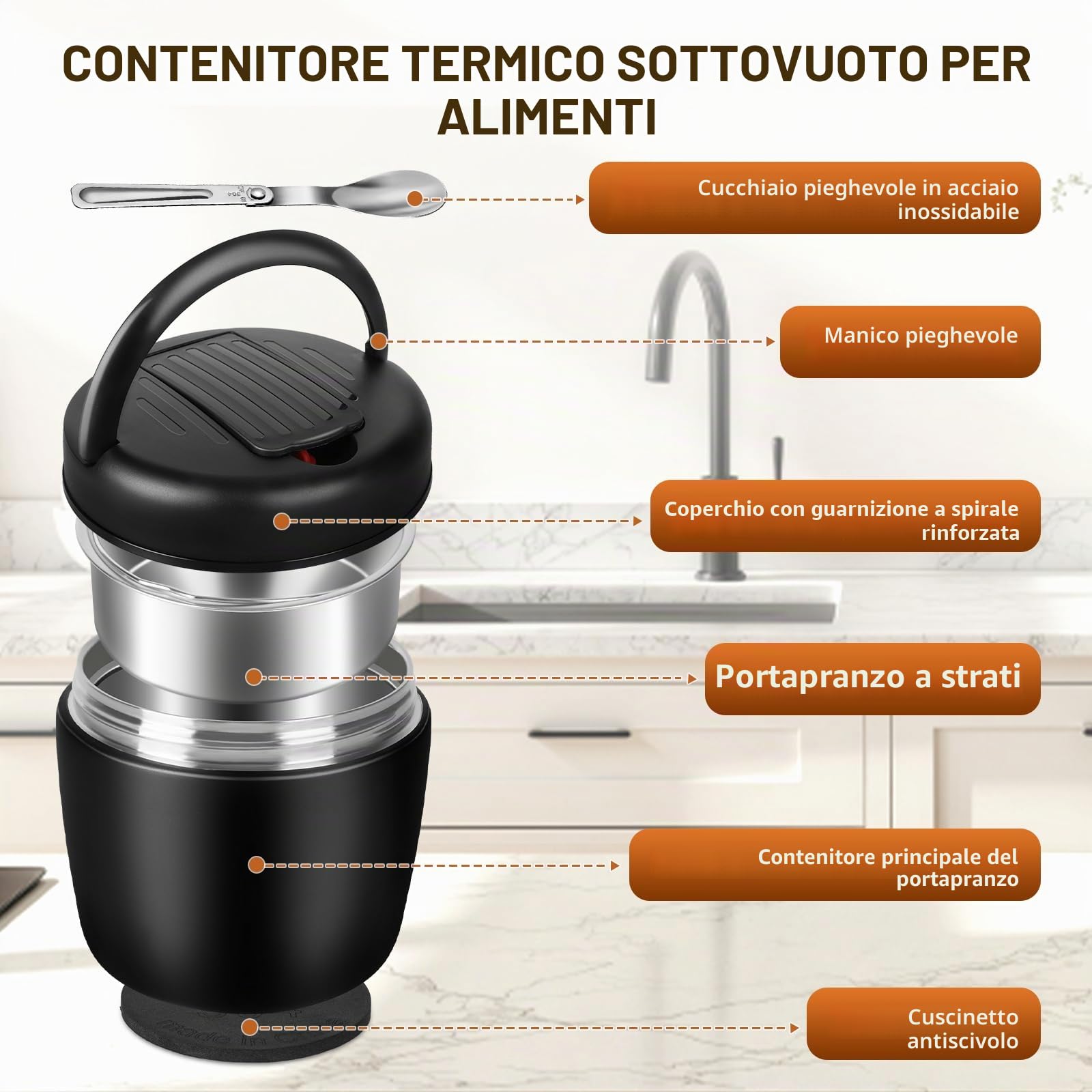 Termos per Alimenti 1200 ml, Contenitore Termico per Alimenti Caldi, Portapranzo Termico Acciaio Inossidabile con Sacchetto Isolante e Cucchiaio, Portavivande per Zuppa, Pasta (Nero)