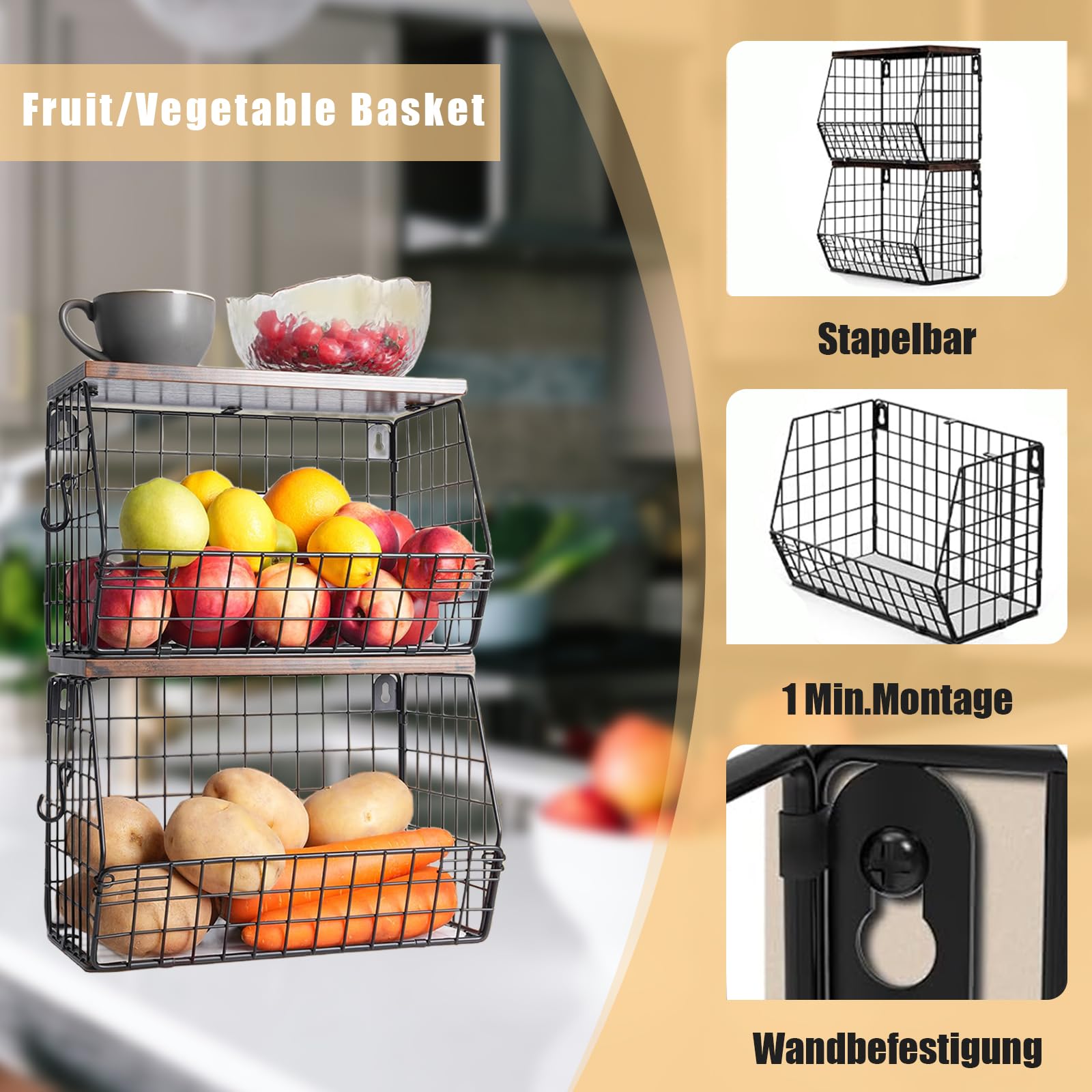 LANTUS 2-stöckiger Küchen-Organizer Aus Holz & Metall – Stapelbar, Wandmontierbar, 30x20x21 Cm, Schwarz
