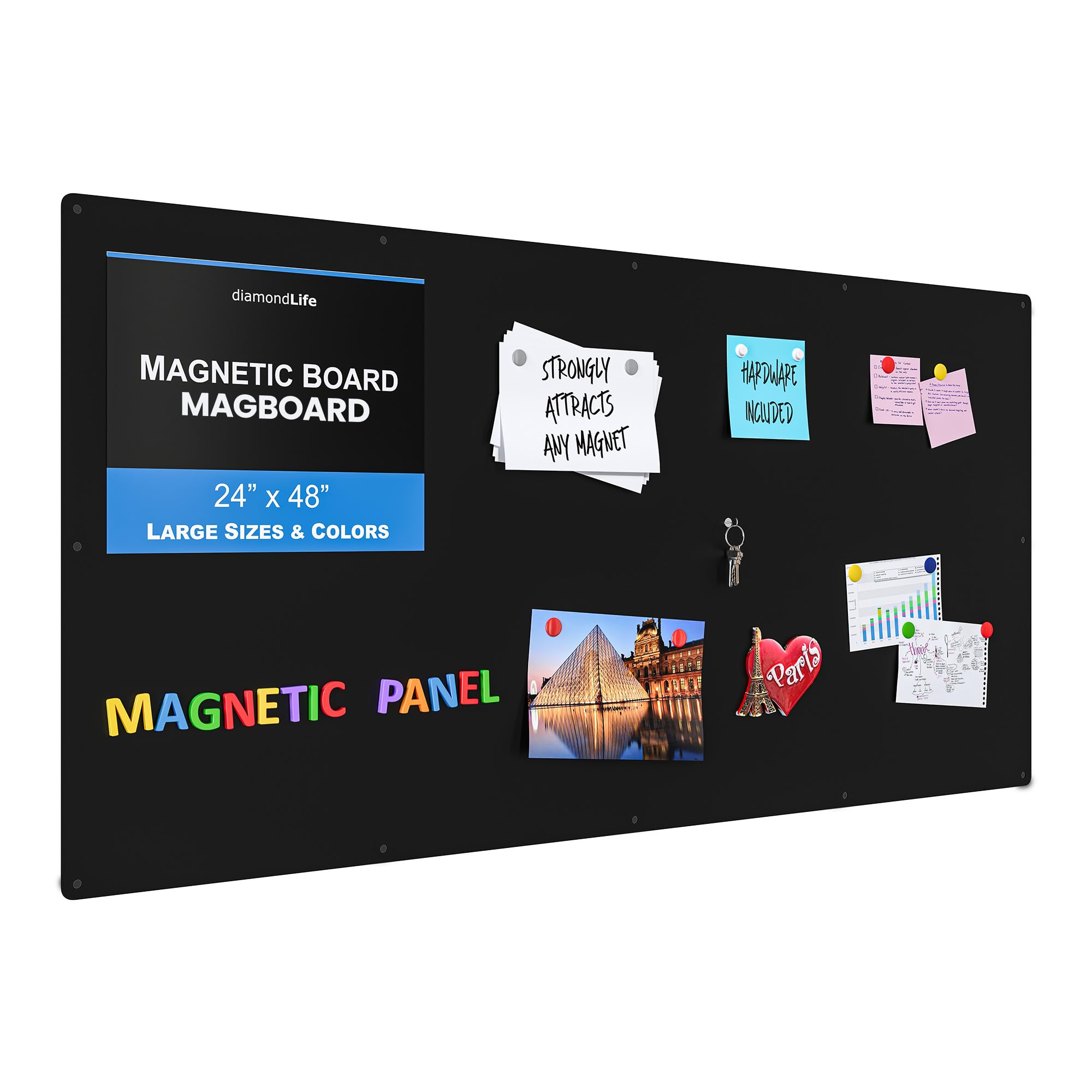 Diamond Life Magnetic Board - Memo & Vision Board for Home, Office, and Classroom - Magnet Board for Kids - Pre-drilled Mounting Screws Included (Black 24"x48")