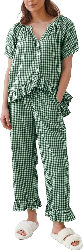 Gihuo Gingham Pajama Set for Women 2 Piece Plaid Cotton Button Down Top and Pants Ruffle Babydoll Pjs Lounge Sets