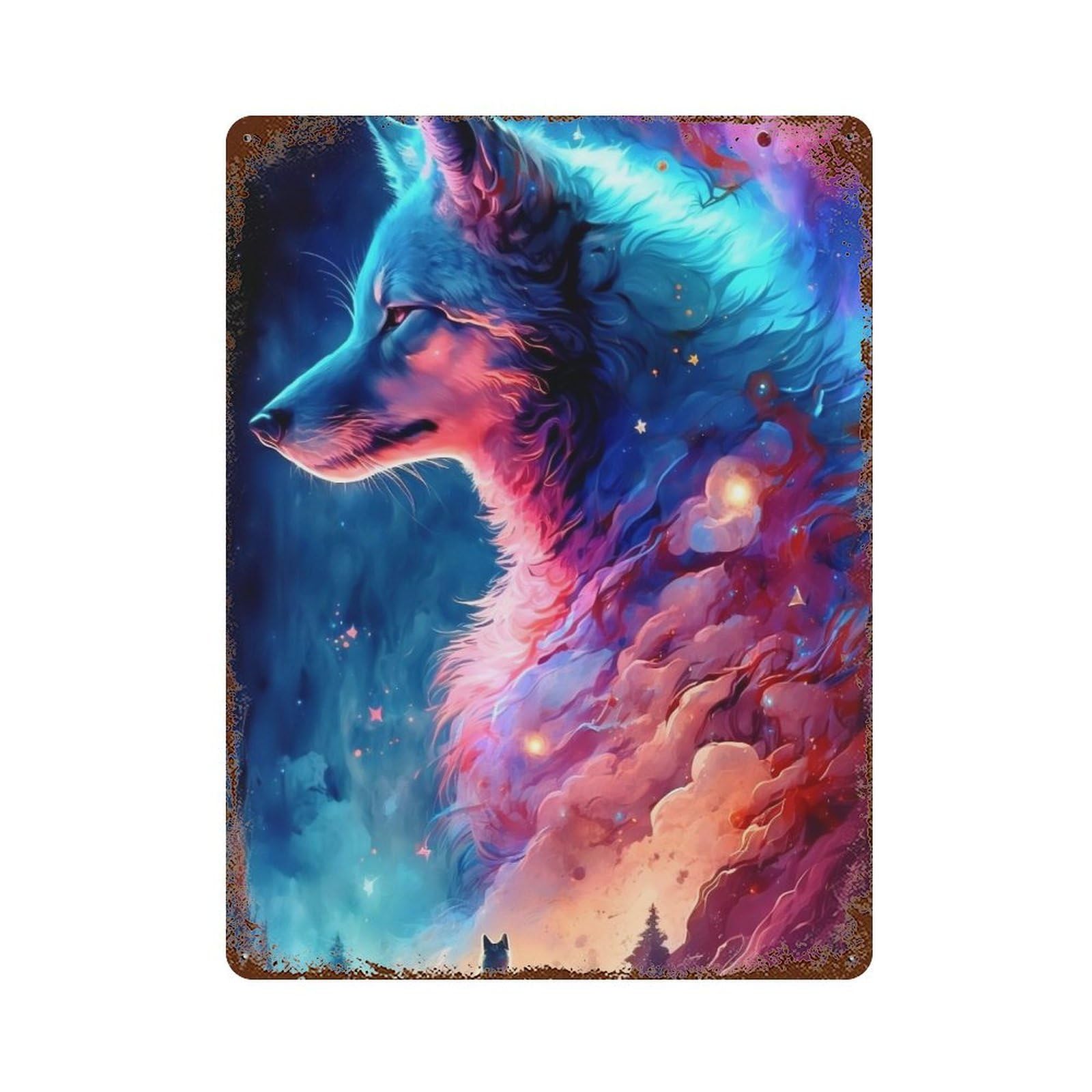 Rust Effect Cosmic Wolf Fantasy Artwork Rustic Tin Plaque 15.7"x11.8", Industrial Home Decor for Bistro, Counter And Cafe Decor