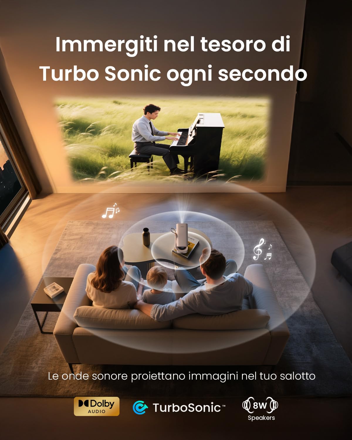Yaber T1 Pro Proiettore【Turbo Sonic Bass & HDR10】Videoproiettore Native 1080P, Proiettore Portatile Ruotabile 180°, Auto Focus|Keystone|Bluetooth 5.4|WiFi 6, Dolby Audio Home Cinema Proiettori