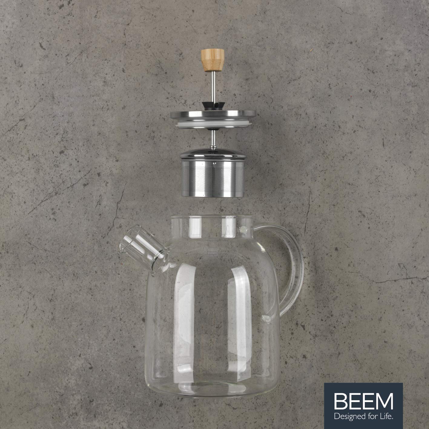 BEEM Dzbanek do herbaty szklany z sitkiem – 1,5 l | dzbanek do herbaty szklany | sitko ze stali nierdzewnej z funkcją podnoszenia | szkło odporne na wysokie temperatury | do gorącej herbaty lub