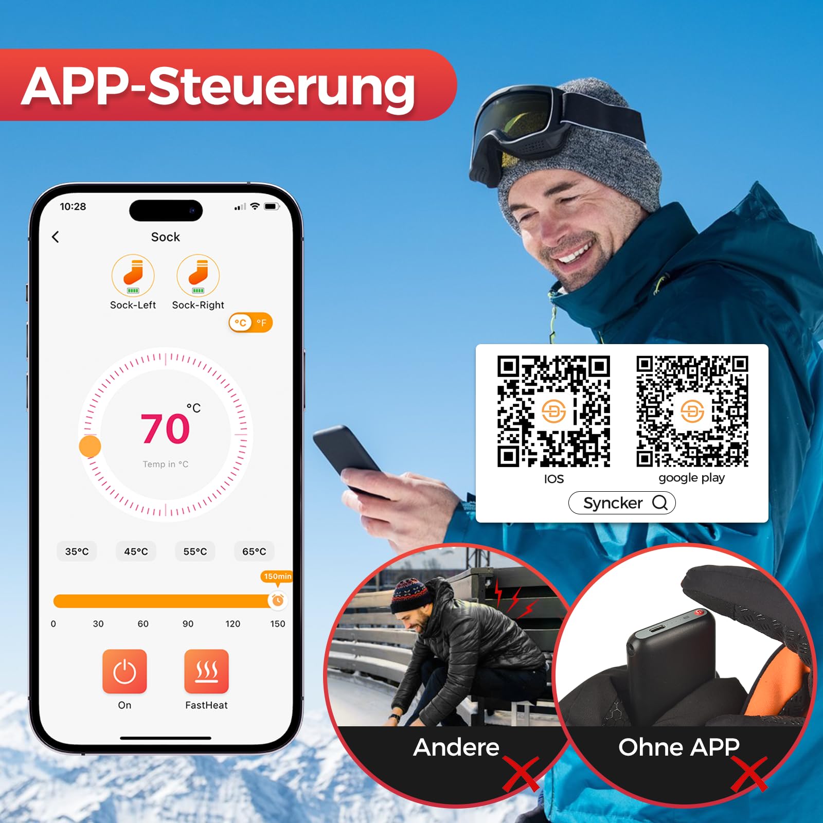 Beheizbare Socken 5v 8000mAh Wiederaufladbare Fußwärmer Warme Socken Damen Herren APP-Steuerung Beheizte Socken 4 Temperatur Heizsocken Skisocken für Outdoor Skifahren Wandern Winter Camping