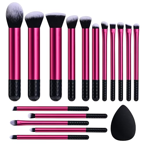 BS-MALL Juego de brochas de maquillaje, 16 unidades, color morado, mango corto, juego de brus de maquillaje de viaje con 1 soplo triangular (morado)