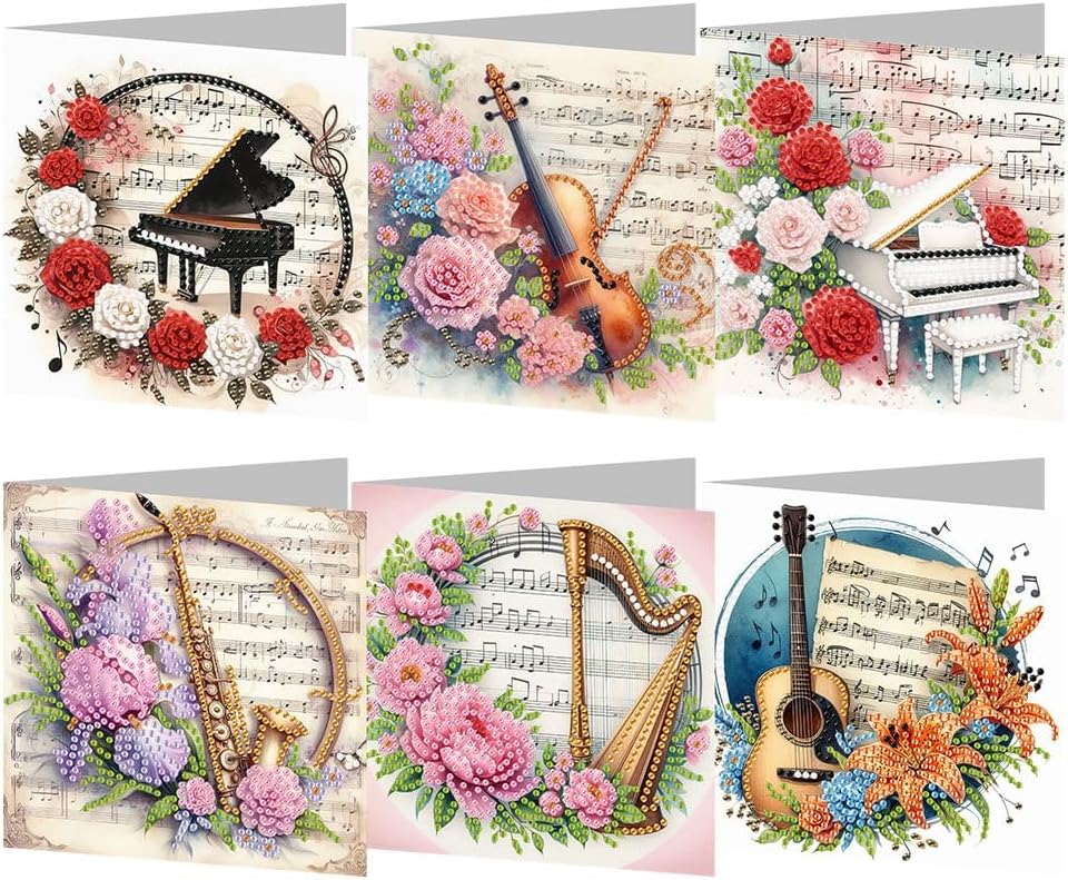 pigpigboss 6 Packs Music Diamond Painting Greeting Card Kit | Special Shaped Flower Piano Violin Guitar, Diamond Art Birthday Cards, With Envelope, For Music Lover Holiday Blessing