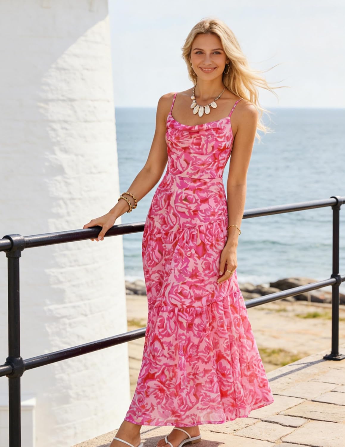 ZESICA Women's Summer Floral Sleeveless Maxi Dress 2026 Boho Mesh Beach Wedding Guest Spaghetti Strap Flowy Long Dresses - Image 6