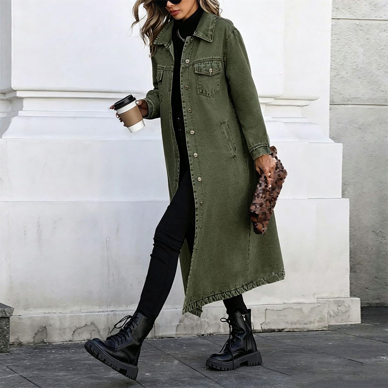 Trench Dżinsowy Długi Damski Klapa Guziki Kurtka Denim Luźna Oversize, Zielony, L | Wiatroodporny dżins z praktycznymi kieszeniami bocznymi. Łatwe dopasowanie do innych ubrań. Com, idealny do pracy