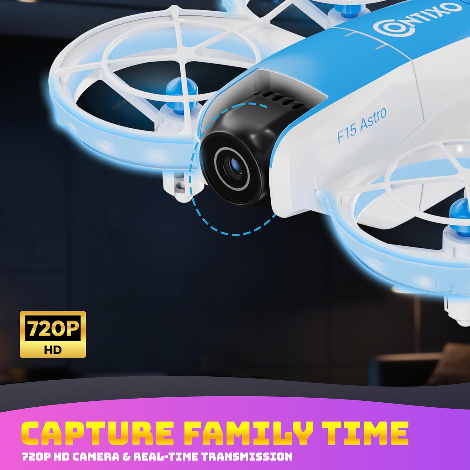 Close-up view of the Contixo F15 Astro Mini Drone's 720P HD camera