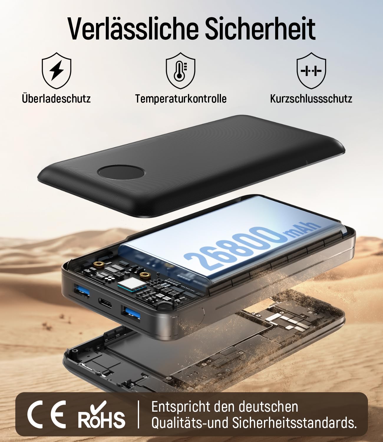 Powerbank 26800 mAh, 22,5 W, funzione di ricarica rapida, batteria esterna con 3 uscite (USB-C 20 W PD 3.0 & QC 3.0 USB-A), approvato per aerei, caricabatterie compatto per iPhone 17, 16, 15, Samsung