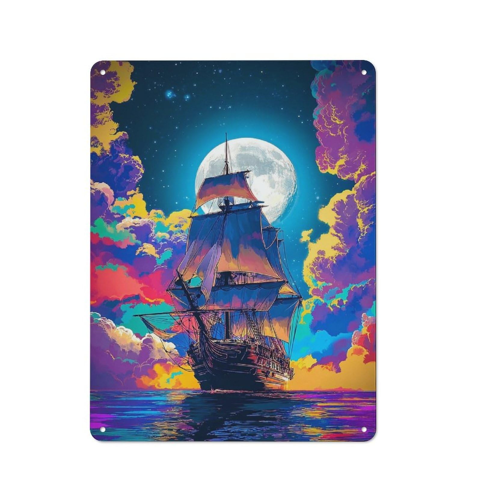 Junmoney Full Moon Sailboat Fantasy Vintage Tin Wall Plaque 40X30cm For Studio Or Craft Room, For Garage, Workshop And Man Cave Decoration
