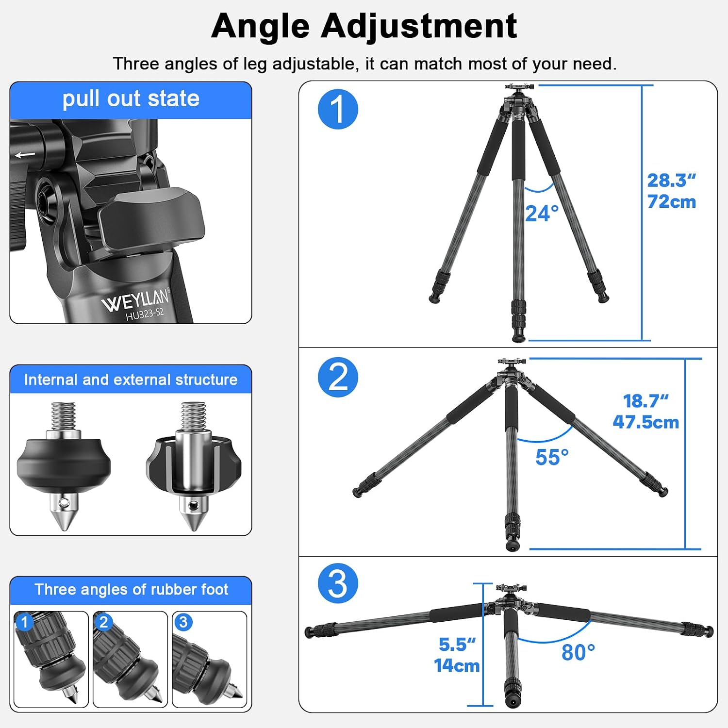 WEYLLAN HU323-52 Carbon Fiber Tripod for Hunting with Built-in 52mm Ball Head, 10-Layer Carbon Fiber 32.5mm Tube, Lightweight Camera Tripod with Lever Arca Swiss Quick Release Clamp, Load 55lbs/25kg