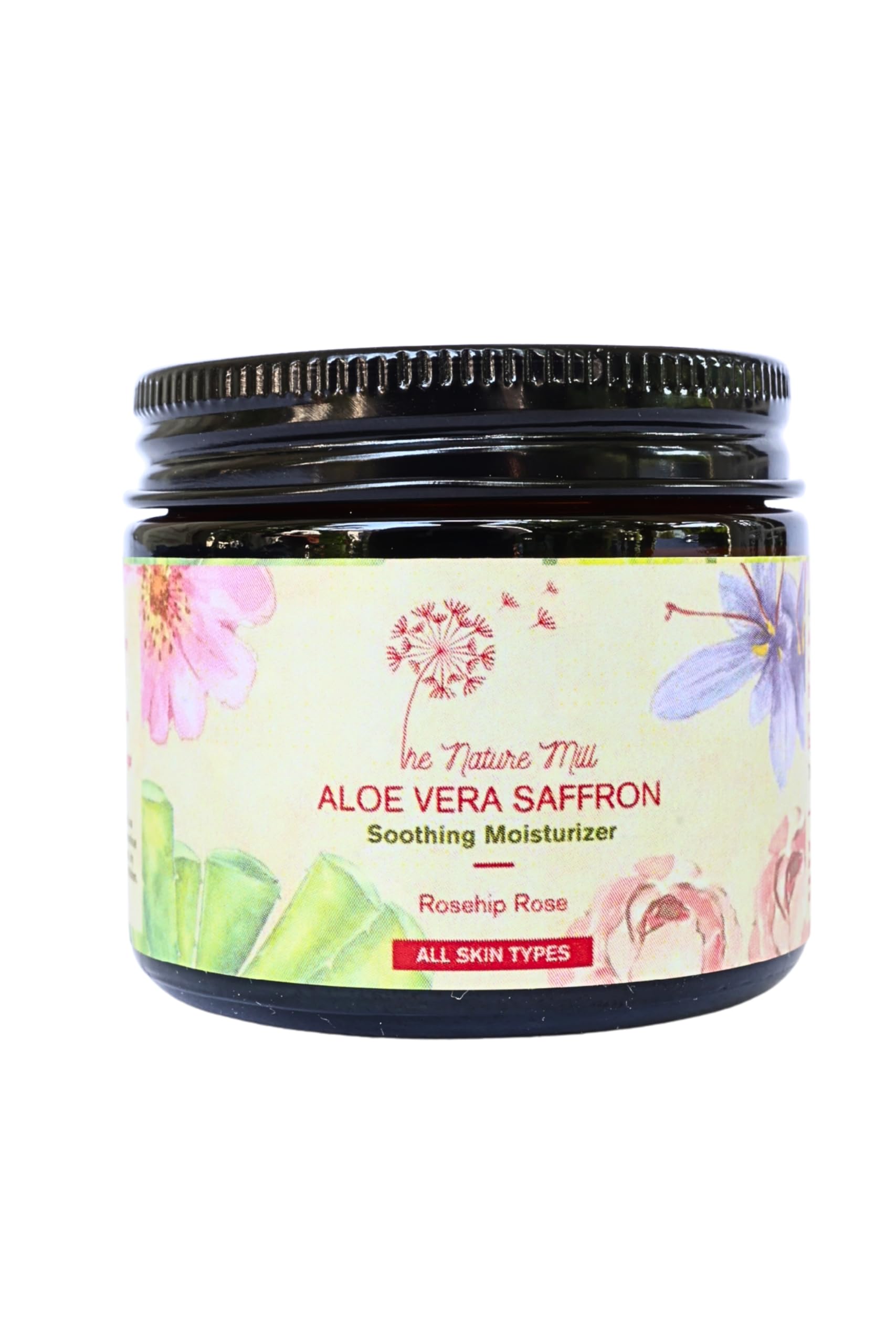 The Nature Mill Aloe Vera Saffron Soothing Moisturizer. All skin types including oily or sensitive skin. Pure aloe vera whipped with rosehip oil & rose essential oil. (50g, Rosehip Rose)