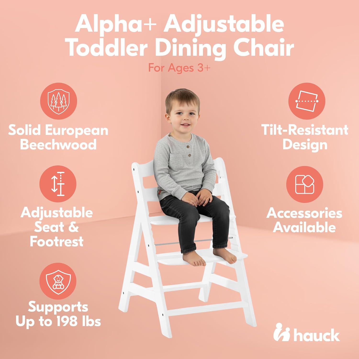 hauck Alpha+ Grow Along Seat Solid Beechwood Booster Chair with Adjustable Seat, 5 Point Safety Harness, & Bumper Bar for Infants & Toddlers, White