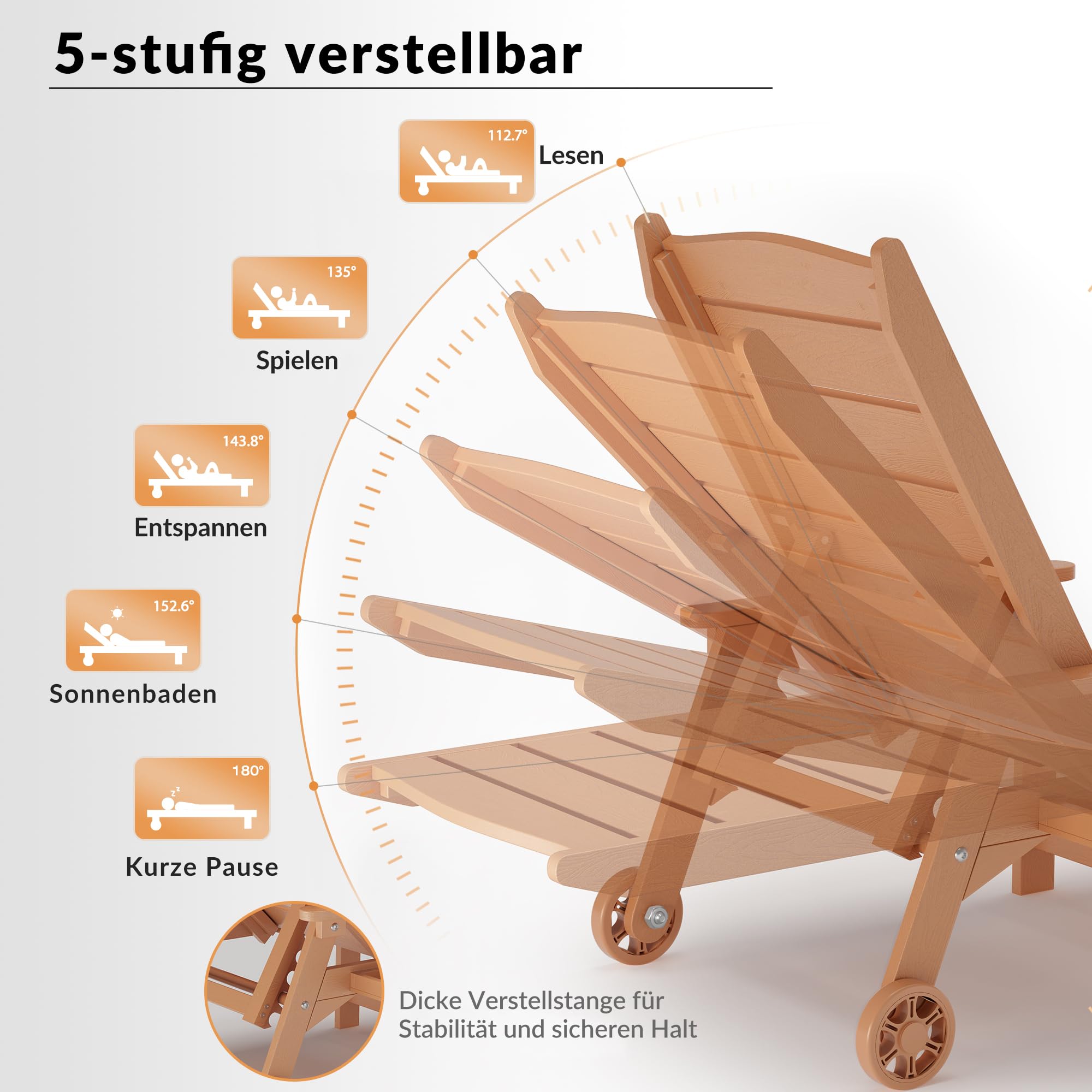 Outdoor-Liegestuhl mit Rollen, 2 m Lange Sonnenliege, 5-Fach verstellbare Rückenlehne (Flache Liegeposition), ausklappbares Seitentablett, wetterfest, für Pool, Terrasse und Strand