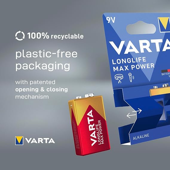 VARTA Max Tech 9V 6LR61 Alkaline Battery (E-Block, PP3, MN1604, Transistor)