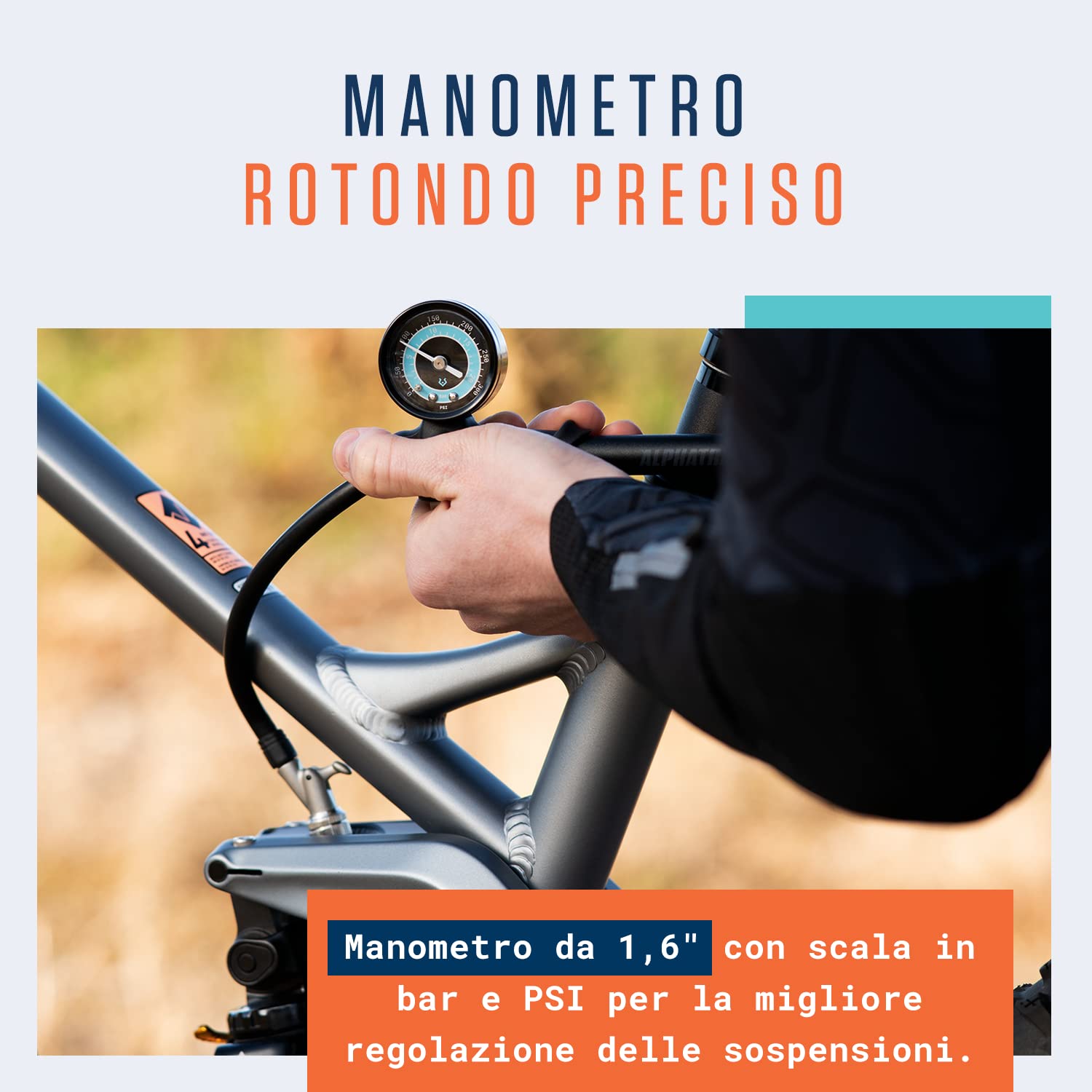 Alphatrail Pompa Ammortizzatori Bob - Per tutte le sospensioni 300 PSI / 20,7 Bar pressione massima I Valvola a 2 stadi I Air bleeder I manometro grande (Ø40mm) I Per RockShox, Fox etc