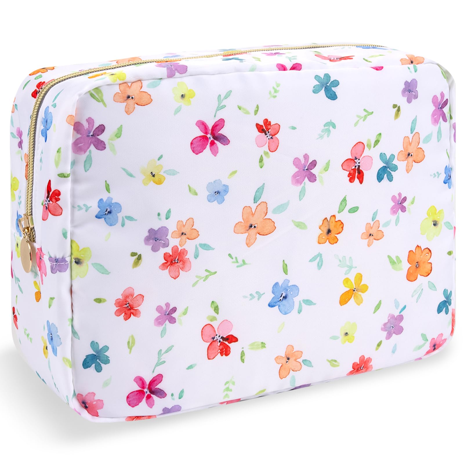 Nylon Large Floral Makeup Organizer Bag, Preppy Big Cute Flower Cosmetic Zipper Pouch Multi-compartment with Dividers, Waterproof Toiletry Makeup Brushes Bag Travel Essentials for Women(White-Flower)
