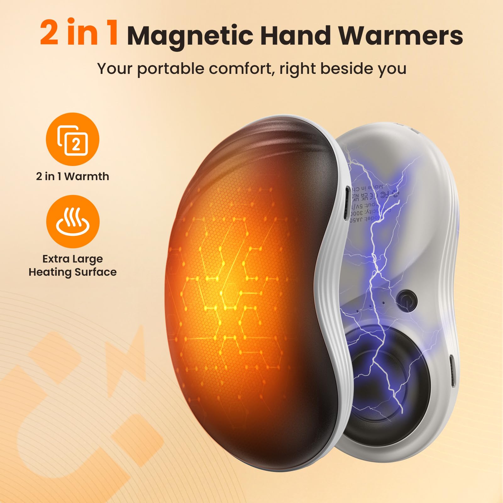 Scaldamani Elettrici Ricaricabili 2 Pezzi – Riscaldamento Rapido 2 Secondi, 3 Livelli, Design Magnetico 2-in-1 – Regalo Di Natale - 2