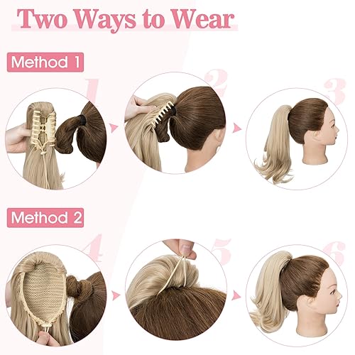 Miniatura 5 de Extensión de cola de caballo con clip de garra, extensiones de cola de caballo para mujer, 12 pulgadas, esponjosas, onduladas, rubias doradas,