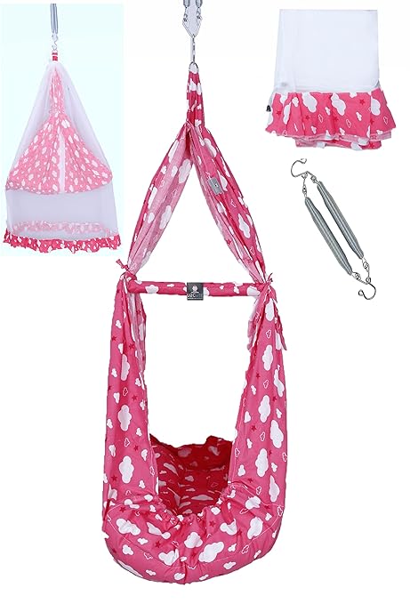 U2CUTE Baby Cradles, Baby Jhula, Jhoola,! Infant Baby Hanging Swing Cradle with Mosquito net and Spring (Infant)(Cloud) (Pink)