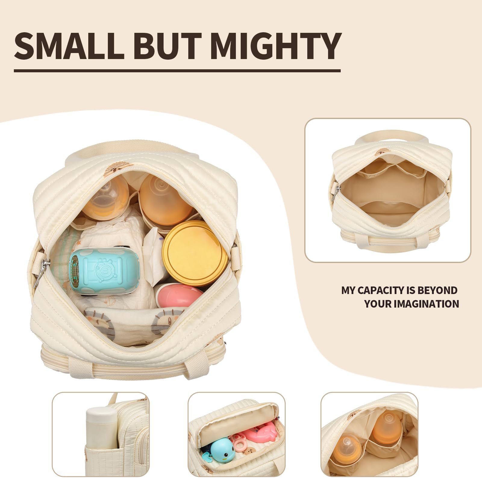 Petit sac à langer bandoulière 7 poches blanc cassé pour bébé
