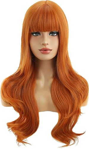 BERON Ginger Wig with Bangs Long Wavy Wig Ginger Wavy Wigs for Women Daily Party and Cosplay with Hairnet