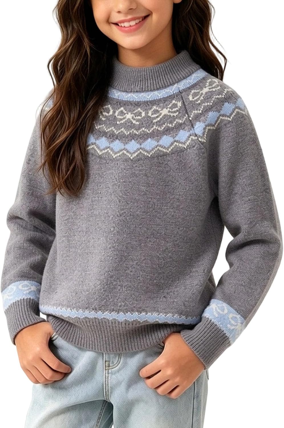 Boys Girls Fair Isle Sweater Mock Neck Knit Long Sleeve Pullover Top