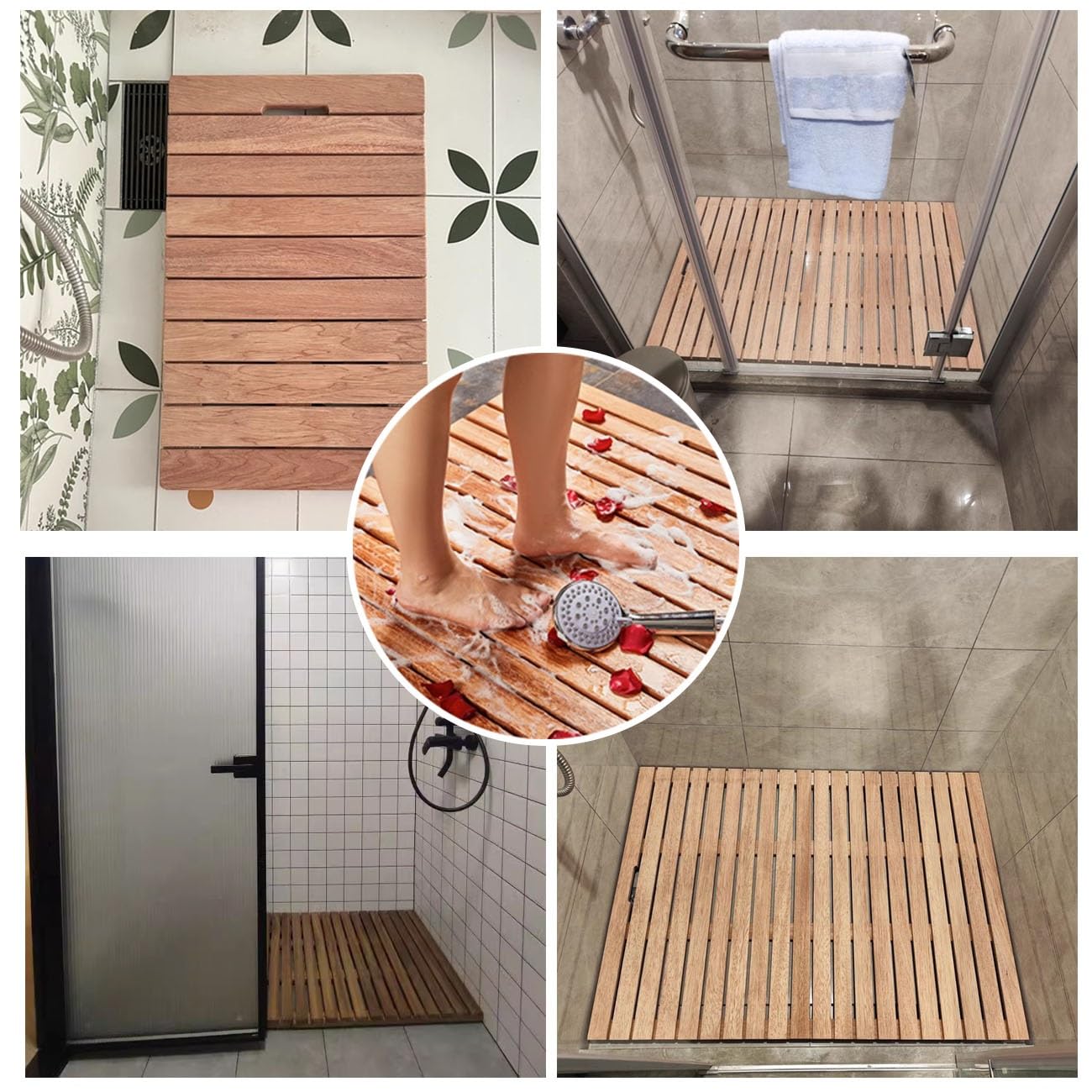Pedana Doccia in Legno,Tappetino da Bagno in bambù, Tappetino da Doccia Naturale Antiscivolo,Piedini Antiscivolo e Maniglia,per Docce da Bagno, Vasche da Bagno, Uso Interno.(70x80cm)