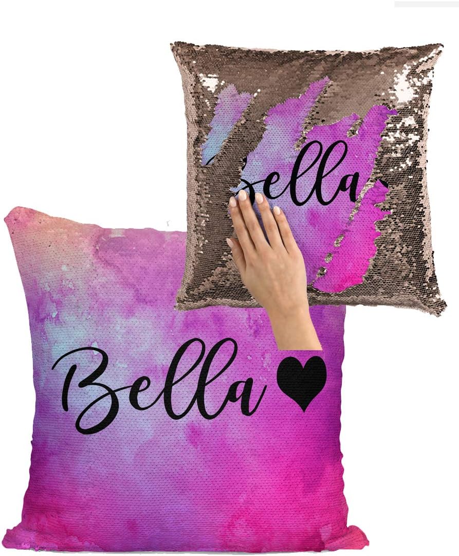 Violet Victoria & Fan Star Personalized Reversible Sequin Mermaid Flip Pillow Customized with Heart on an Aqua Satin Sequin Pillowcase