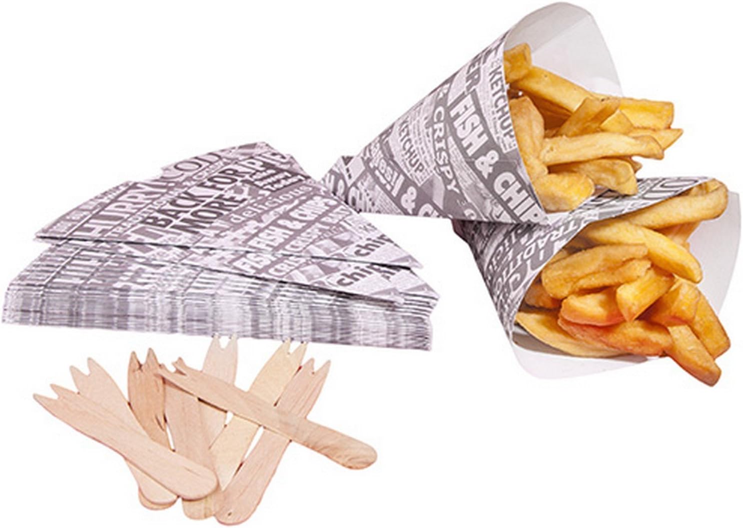 West5Products 100 Newsprint Chip Cones with Chip Shop Forks (Designed